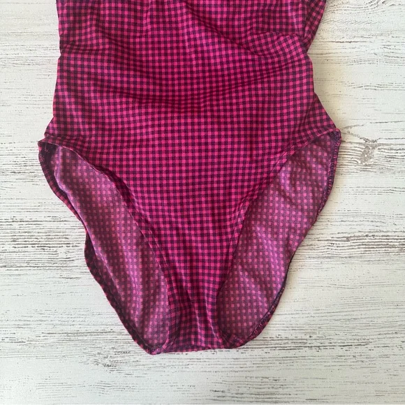 VINTAGE 80s Gingham High Cut Bow One Piece Swimsuit Dunkis of New York Hot Pink - Picture 4 of 14